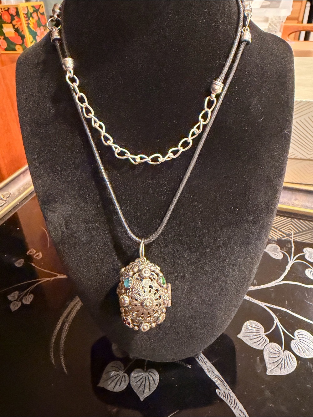 Ornate Multi-Stone Filigree Pendant Necklace/and Owl Necklace - Black Cord